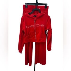 NEW! NWT Y2K bebe Red Rhinestone Logo Velour Zip Hoodie & Pants Set